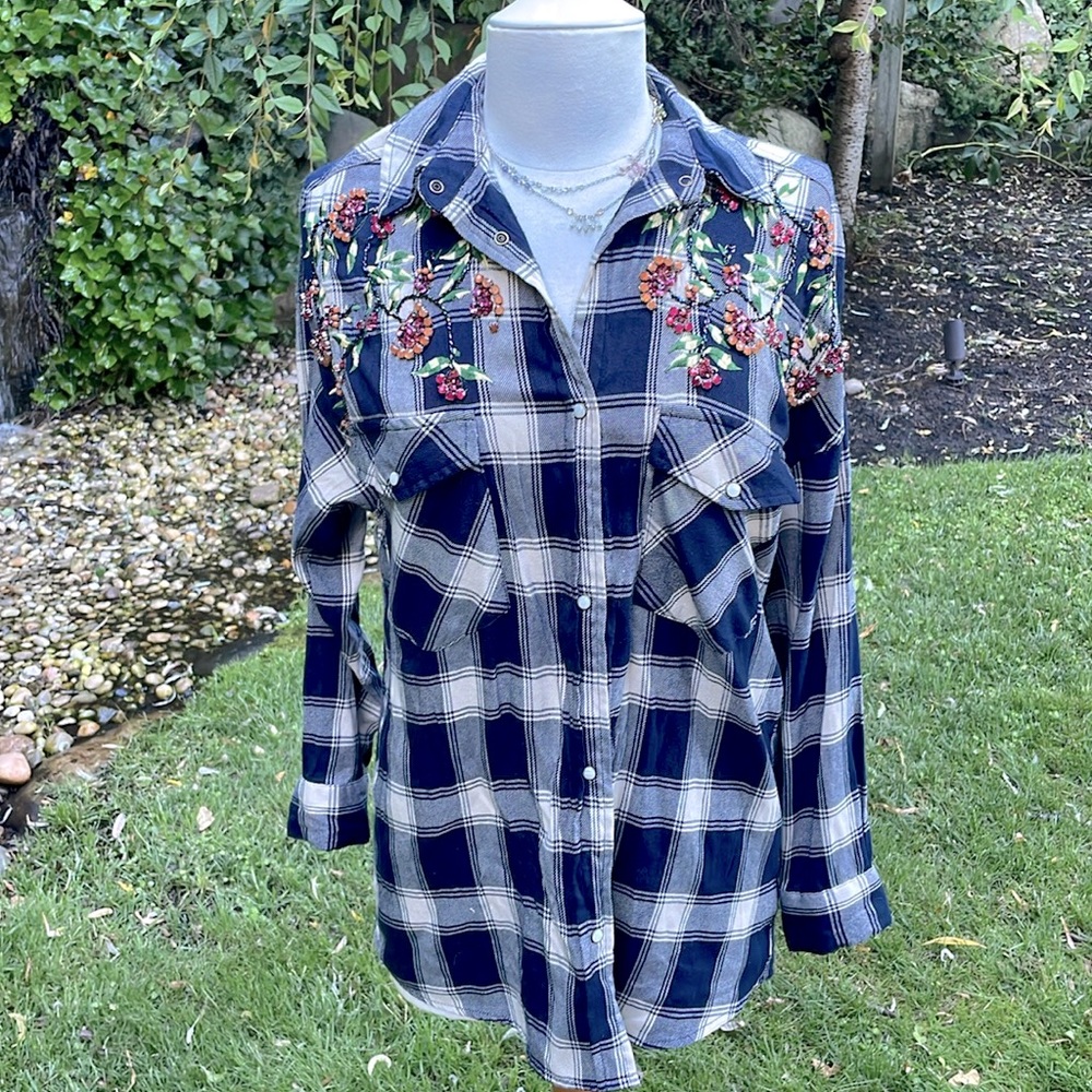 ZARA BASIC DENIM EMBELLISHED BLUE PLAID LONG SLEEVE TOP -XS ππ€© - Picture 10 of 12